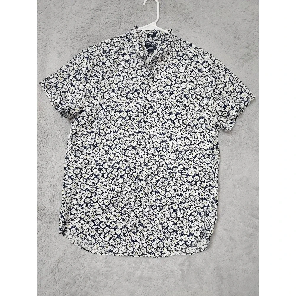 J Crew Shirt Mens Large Slim Flex Washed Daisy Floral Short Sleeve Blue Oxford L